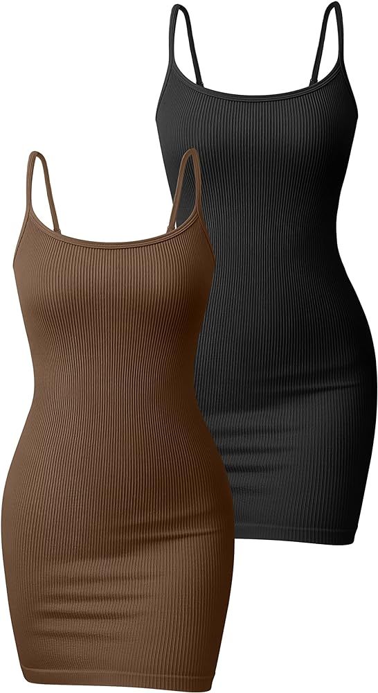 OQQ Women's 2 Piece Dresses Ribbed Sleeveless Adjustable Spaghetti Strips Tops Mini Dress | Amazon (US)