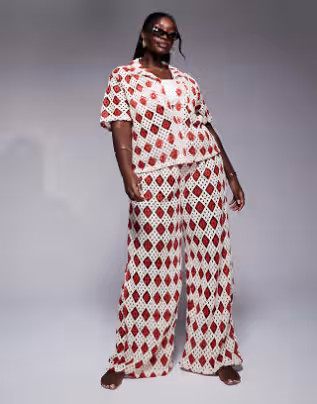 South Beach Curve crochet short sleeve beach shirt in cream and rust - part of a set | ASOS (Global)