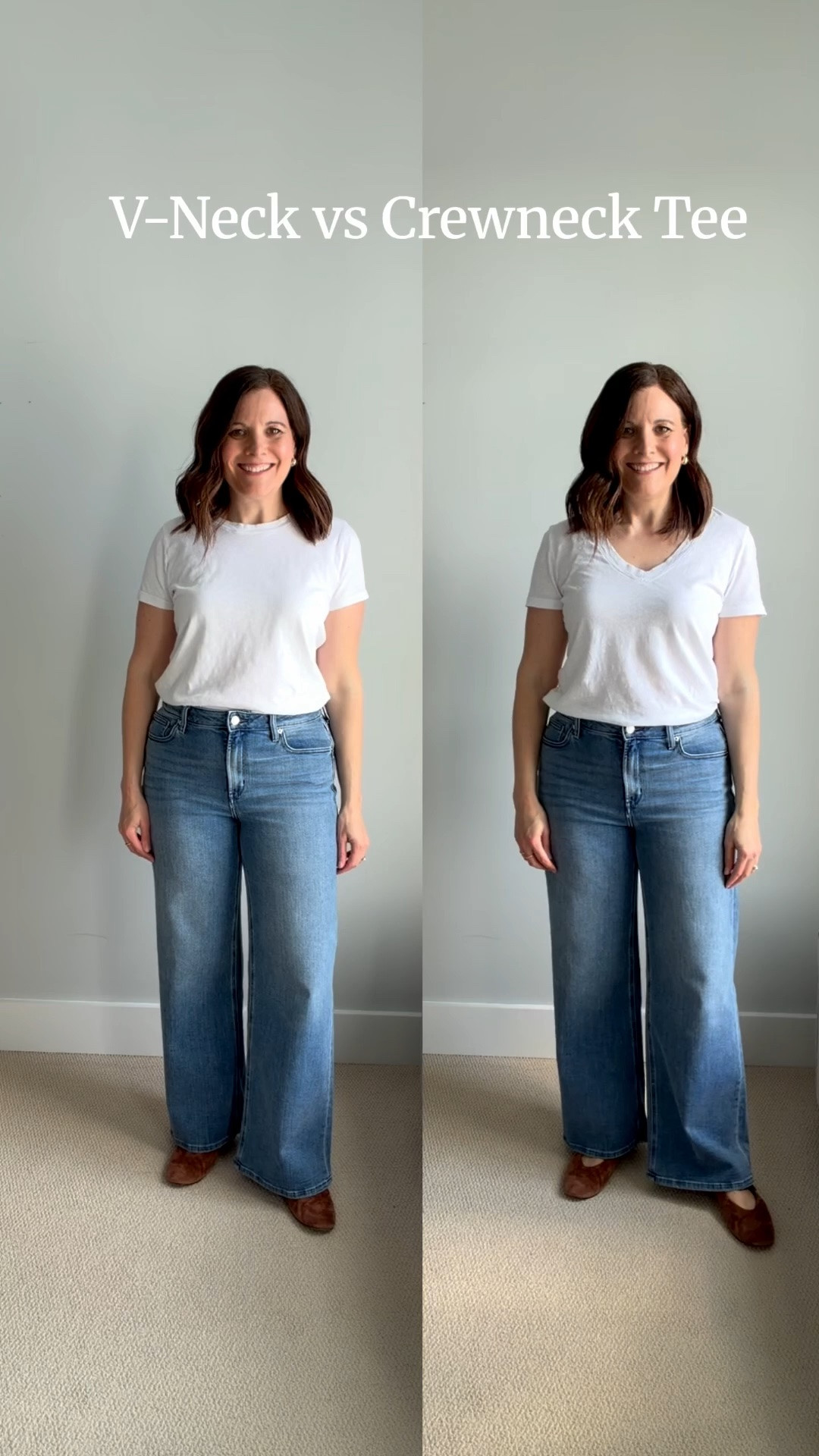 I had a request to show a side by side comparison of a V-neck tee versus a crewneck tee for those of you trying to decide which neckline you like best on yourself.

A V-neck creates a longer vertical line and is traditionally considered more slimming because it draws the eye up and down.

If you’re fuller through the bust or upper body, a V-neck can create a longer, leaner visual effect.

A crewneck gives a little more visual presence to the upper body, so if you’re smaller up top, it’s a great option. Styled with layered necklaces, it can also feel a bit more current.

Neither is right or wrong. They just create a slightly different effect and vibe.

Personally, I find myself reaching for crewnecks more these days because I’m smaller through my upper body than my lower half, so I like the balancing effect a crewneck creates with my larger bottom half. My eye is also craving that fresher style, especially paired with some blingy necklaces that draw the eye up toward the face.

Which one do you naturally reach for most often? Let me know below.

Fit notes: 

Loft v-neck tee fits tts (in a size small)
J.Crew Factory white crewneck tee (fits small, I sized up to a medium) 
Quince wide leg Bella stretch wide leg jeans, seaside blue, size up one, in 30 inch inseam

📏For reference, I’m midsized, 5’6”, slightly short-waisted, 36-B bust, and wear a small or medium top with size 10 jeans.

#LTKSaleAlert #LTKOver40 #LTKMidsize