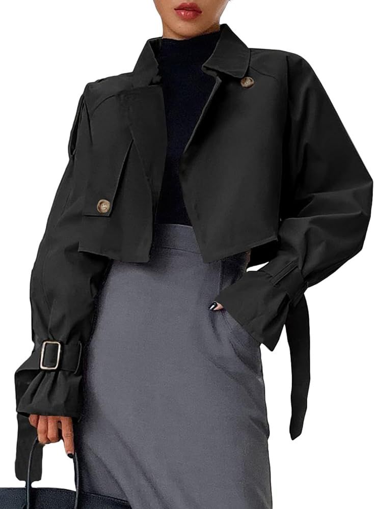 Verdusa Women's Button Front Buckle Raglan Sleeve Crop Jacket Trench Coat | Amazon (US)