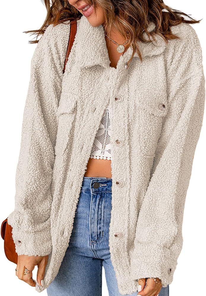 CURBODO Women's Sherpa Fleece Jacket Coat Casual Fuzzy Teddy Shacket Warm Button Down Outwear with P | Amazon (US)