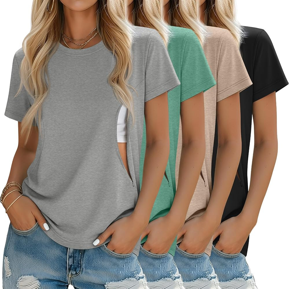 4 Pack Women's Nursing Breastfeeding Shirts with Zipper Loose Fit Short Sleeve Maternity Top Nurs... | Amazon (US)