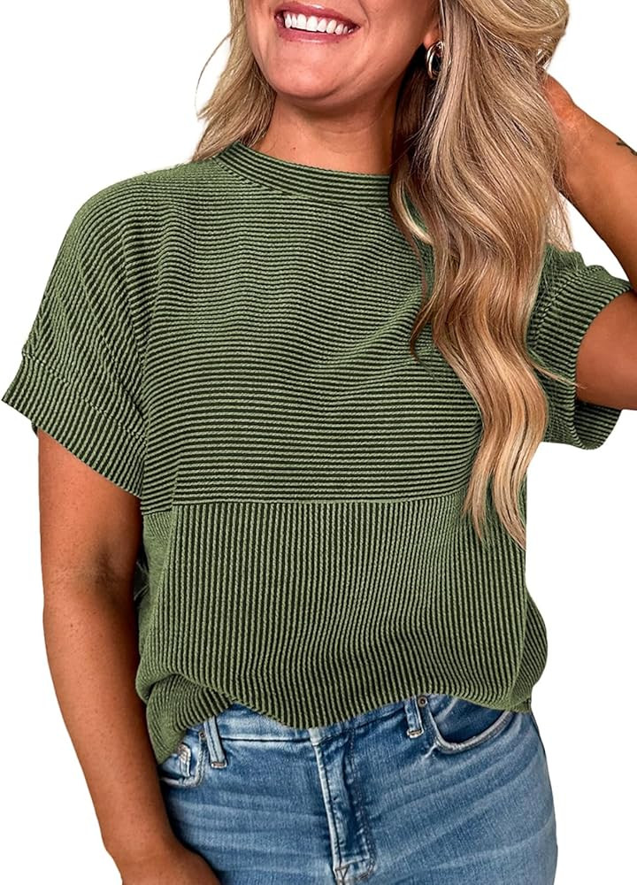 EVALESS Short Sleeve Shirts for Women Casual Spring Summer Tops Ribbed Knit Striped Womens Tops C... | Amazon (US)