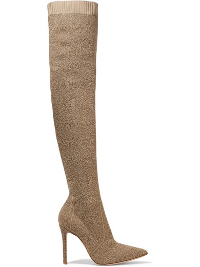 Gianvito Rossi - Fiona 100 Bouclé-knit Over-the-knee Sock Boots - Mushroom | NET-A-PORTER (US)