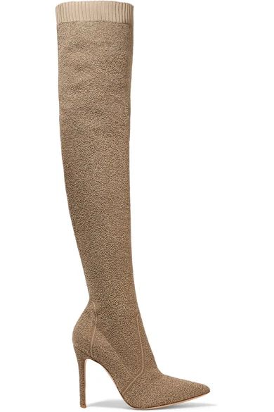 Gianvito Rossi - Fiona 100 Bouclé-knit Over-the-knee Sock Boots - Mushroom | NET-A-PORTER (US)