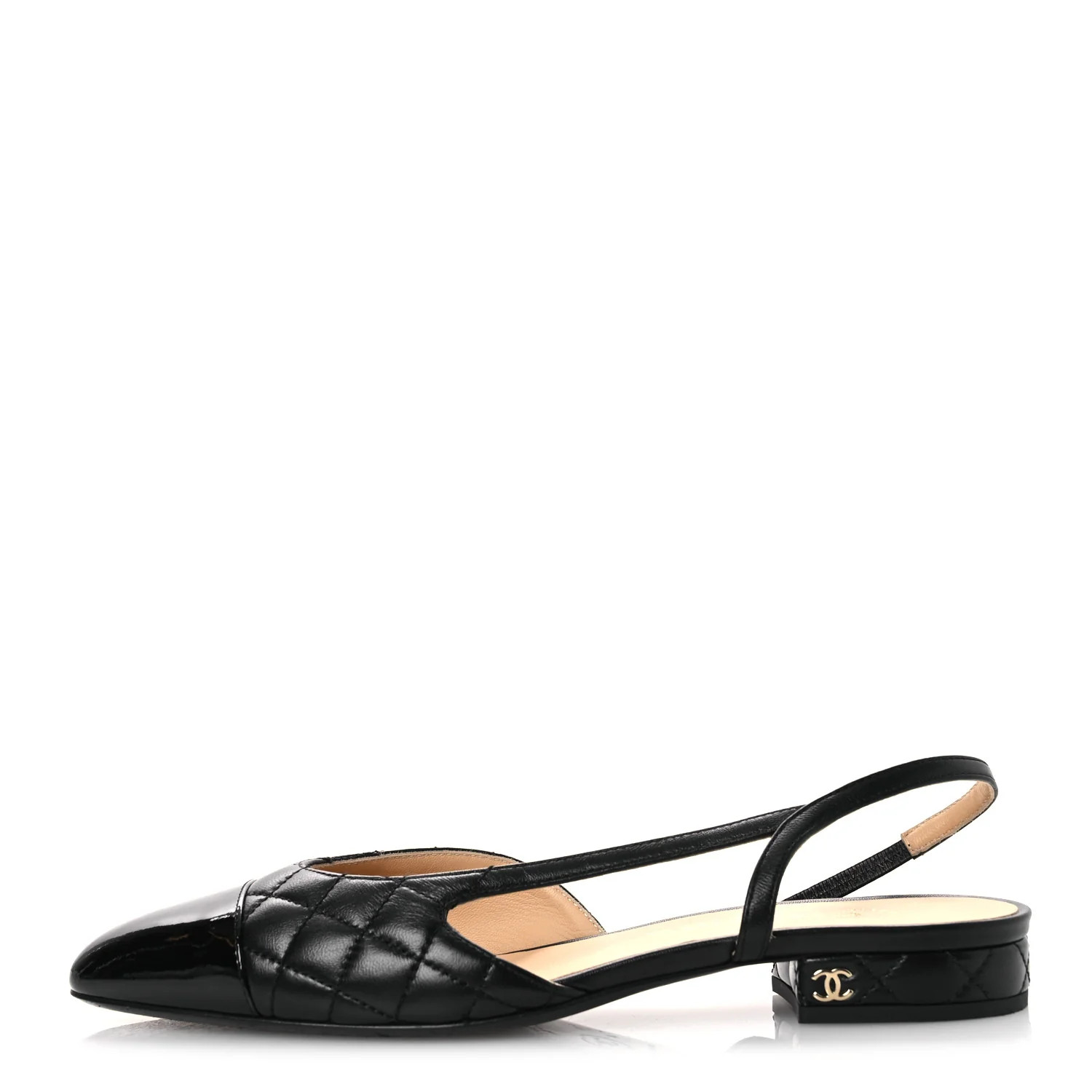 Lambskin Patent Cap Toe CC Slingback Flats 37.5 Black | FASHIONPHILE (US)