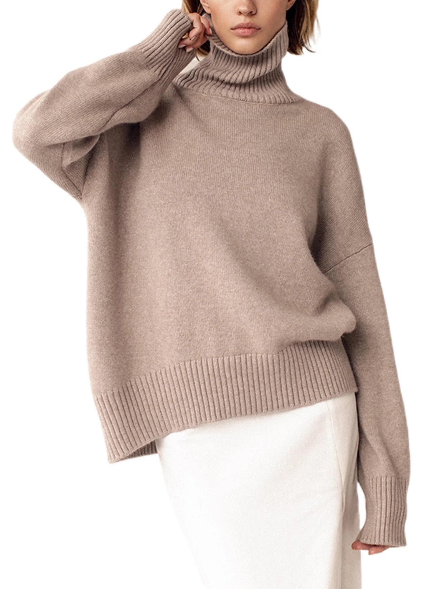 Lumento Women Cozy Chic Jumper Tops Loose Long Sleeve Sweater Casual Ribbed Knitted Sweaters Khak... | Walmart (US)