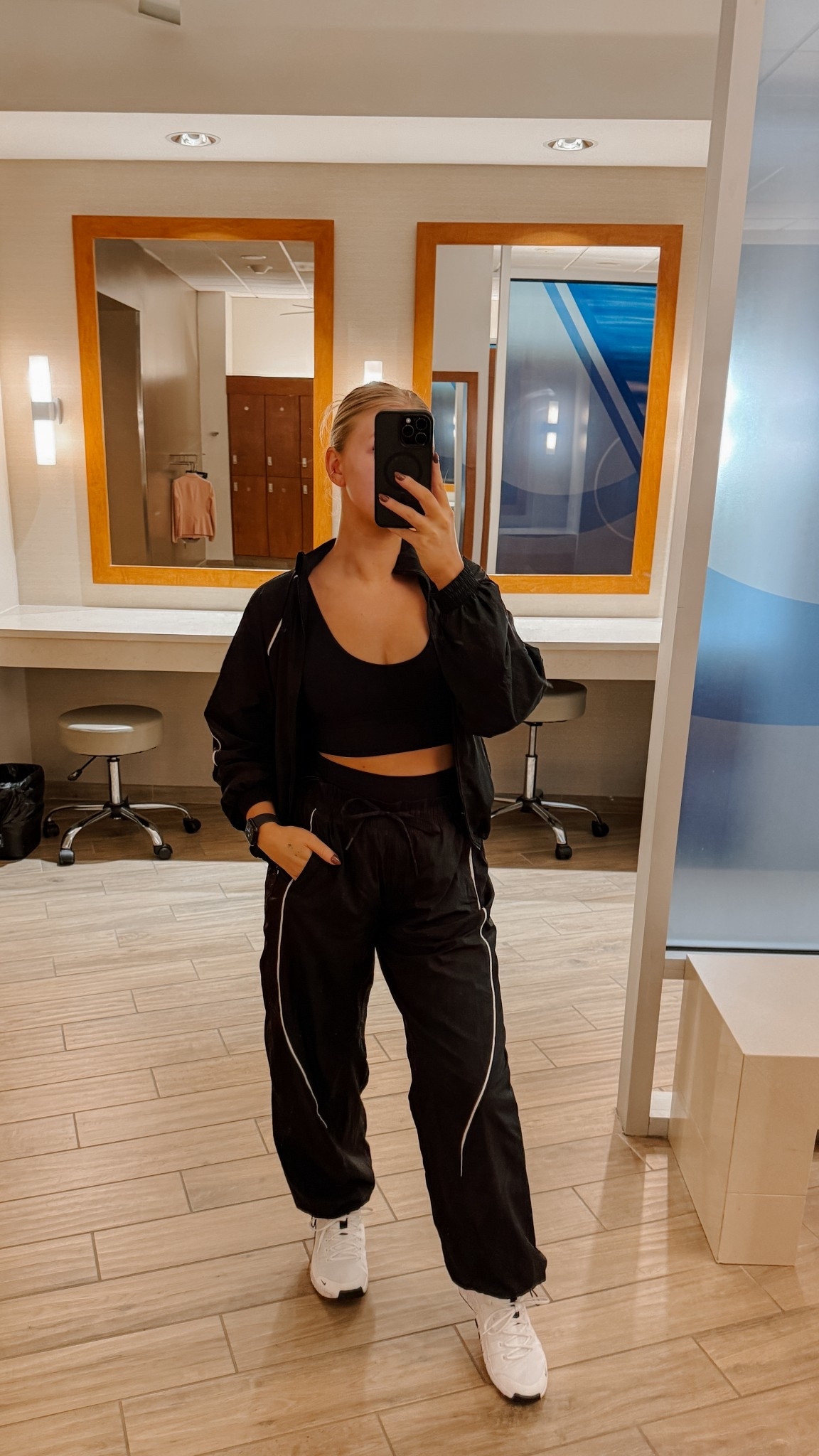 Lululemon track suit workout outfit 

Jacket: size 6 
Sports bra: size 6 
Pants: size 8 
Shoes: size 8.5

#LTKSaleAlert #LTKActive