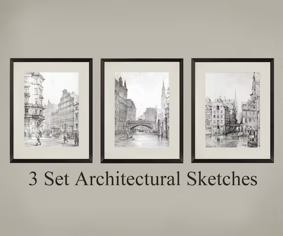3 Set Vintage Drawing Art Prints. Vintage Architectural Sketch - Etsy | Etsy (US)