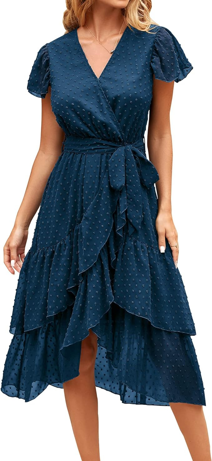 Zenlonr Women 2023 Summer Short Sleeve Dresses Casual Wrap V Neck Swiss Dot Belt Swing Ruffle Mid... | Amazon (US)