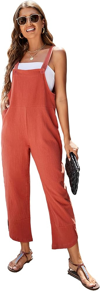 PUWEI Womens Cotton Adjustable Bib Overalls Casual Wide Leg Baggy Jumpsuit with Pockets(2209-Red-... | Amazon (US)