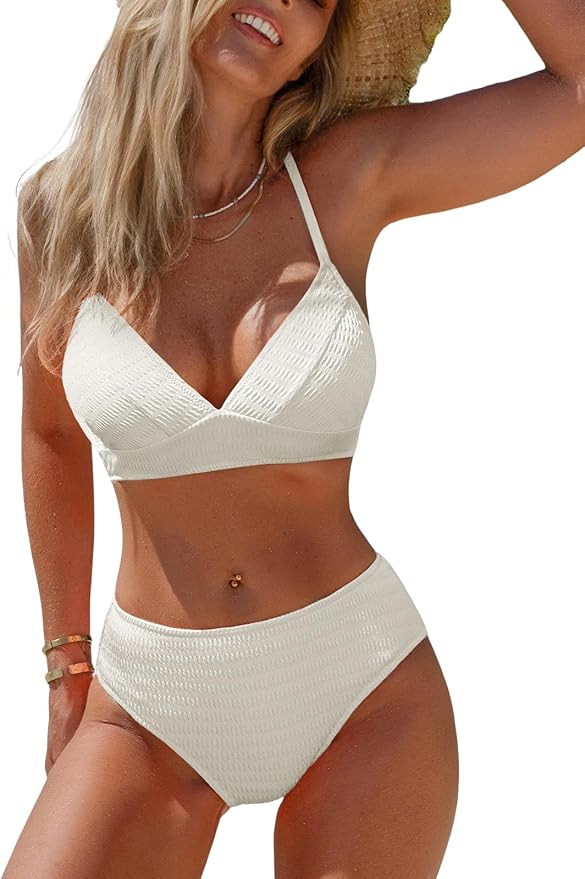 CUPSHE Women's Bikini Sets Two Piece Swimsuit High Waisted V Neck Textured Crisscross Back Tie Ba... | Amazon (US)
