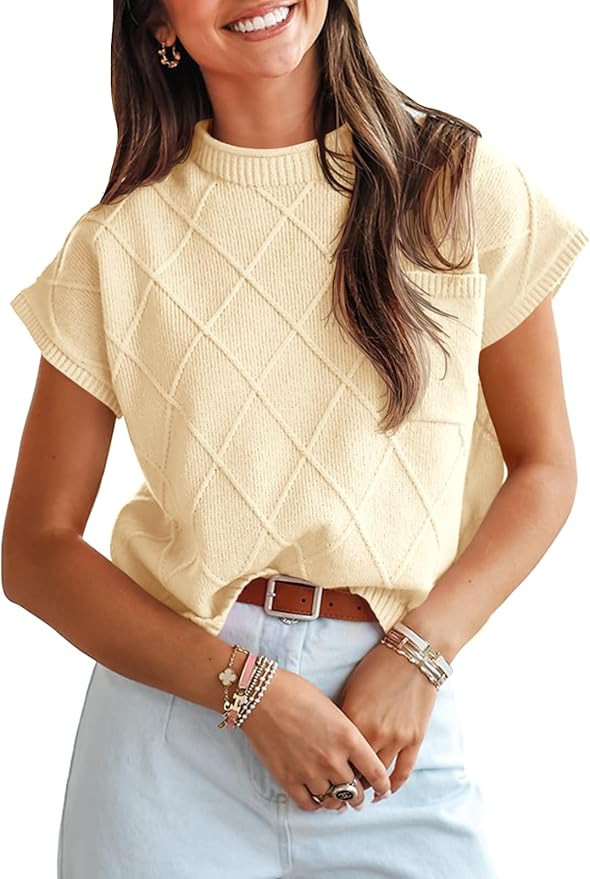 Saodimallsu Womens Summer Mock Neck Sweater Cap Short Sleeve Sweater Vest Casual Loose Knit Pullo... | Amazon (US)