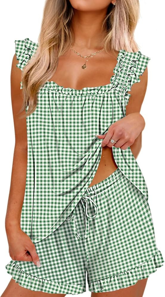 Ekouaer Pajama for Women Set 2 Piece Ruffle Pjs Soft Tank Top and Shorts | Amazon (US)