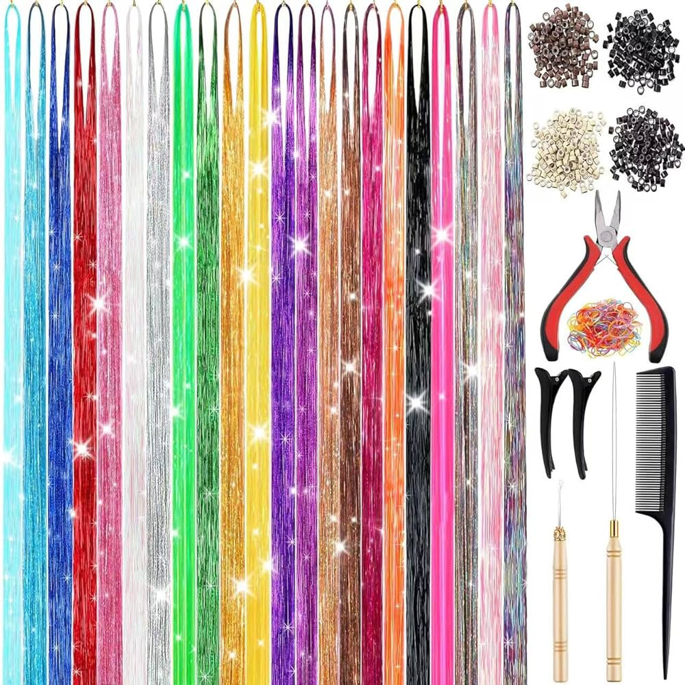 22 Colors 7700 Strands Hair Tinsel Kit, 48 Inch Glitter Tinsel Hair Extensions for July Fourth Ch... | Amazon (US)
