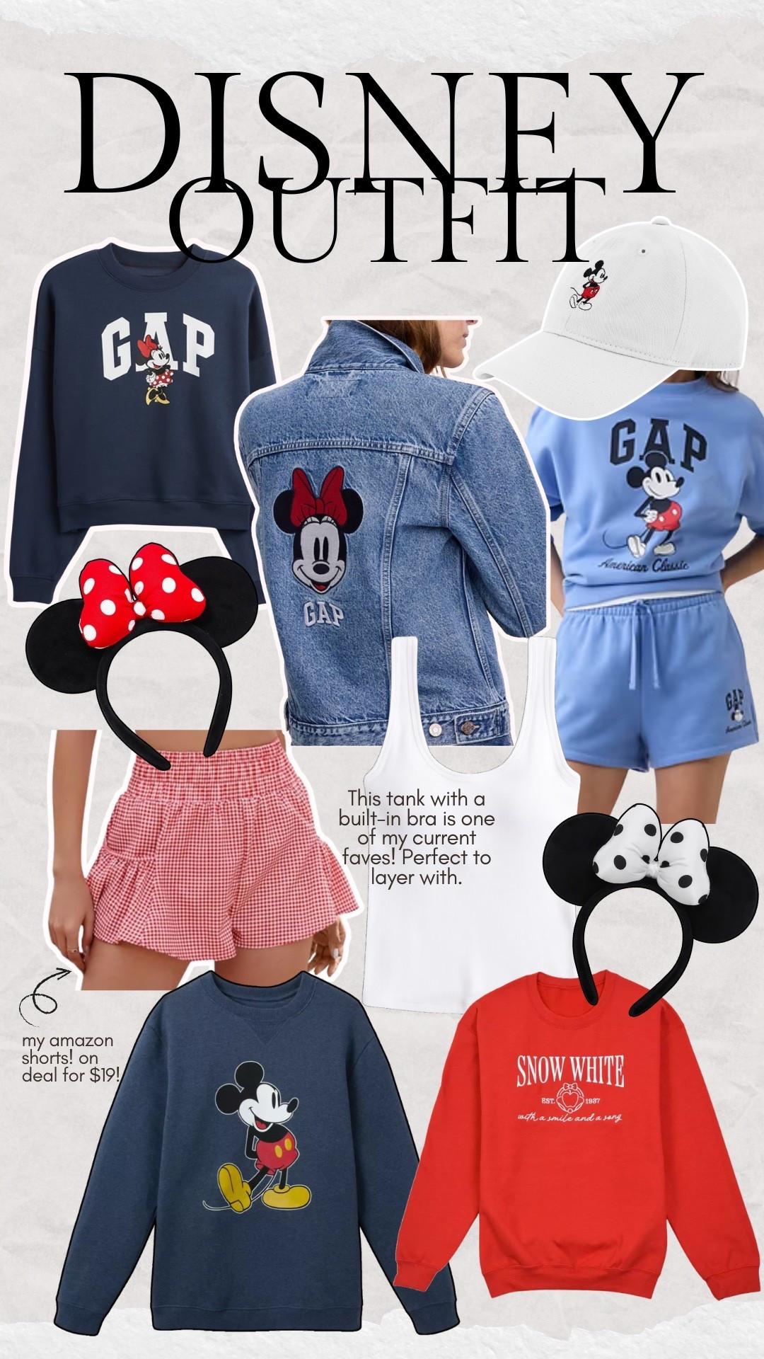 True size s in the tank & shorts! 
My workout shorts today are also very cute for Disney :) 
Here’s A few ideas for styling!! 

Spring break trip
Disney trip
Vacation outfit
Travel outfit
Disneyland 
Disney world 
Disney outfit ideas 