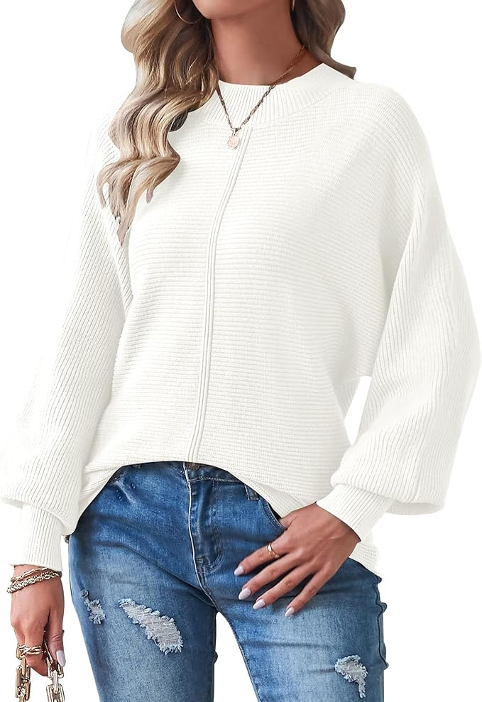 TECREW Women's Batwing Long Sleeve Crew Neck Pullover Sweater Soft Ribbed Knit Sweater Top | Amazon (US)