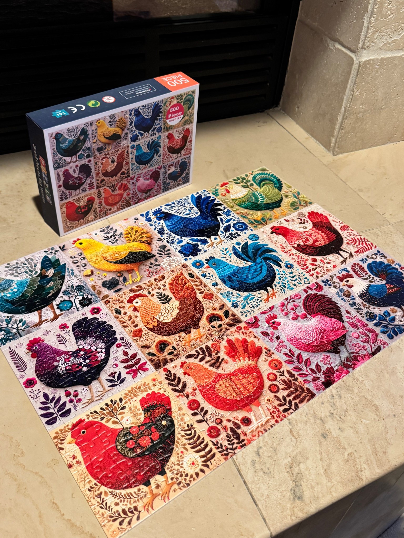 CHICKEN PUZZLE 500 piece 

This was the funnest puzzle ever!!! My sister gave it to me (I have backyard chickens) and it was so so much fun!
The texture was cool and also the pieces fit really well… really good quality puzzle!

I am going to frame it and either hang it in my homeschool room or my chicken coop!