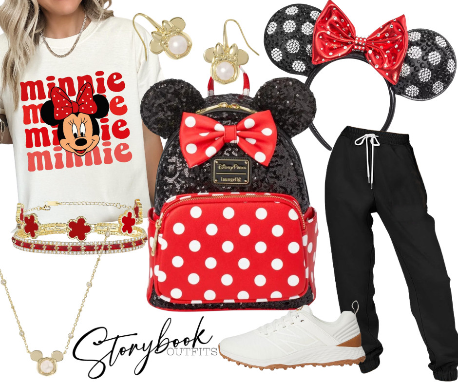 EEEK! These NEW ears are to die for! Channel timeless Disney style with this classic Minnie Mouse look! The cream Minnie graphic tee pairs effortlessly with comfy black joggers for an easy, park-ready outfit. The red and black sequin Minnie Loungefly backpack steals the show with iconic polka dots and bow details, perfectly matched with coordinating Minnie ears. Finished with cushioned white sneakers and gold Minnie-inspired jewelry for a touch of sparkle, this outfit is cute, comfortable, and perfect for a full day of Disney magic!  

 #LTKTravel