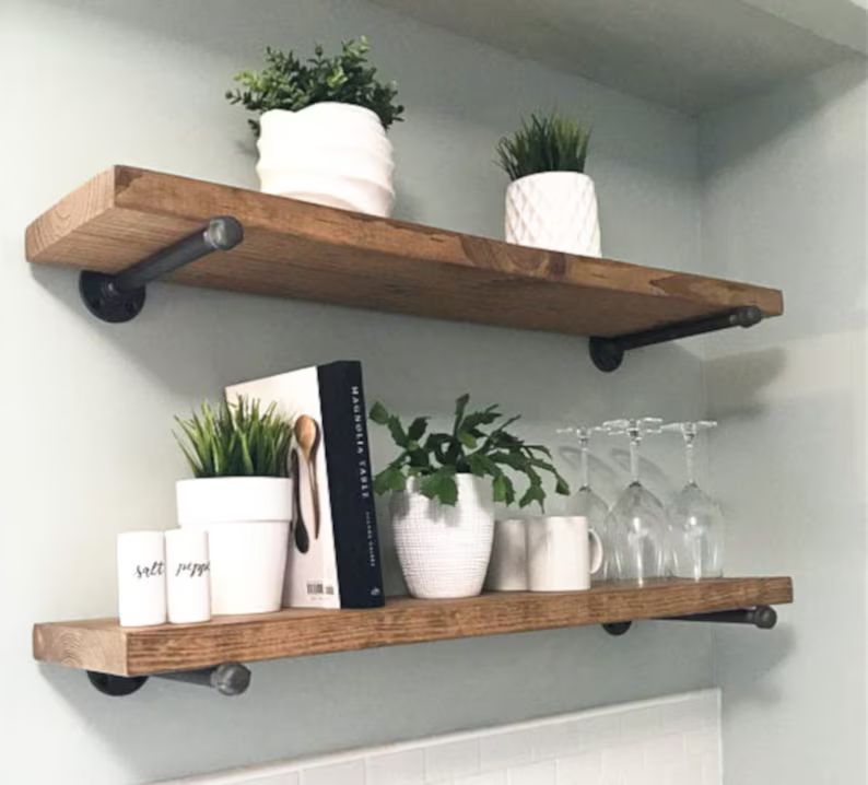 One floating shelf, two shelf brackets, farmhouse decor, rustic shelf, kitchen shelving, wall she... | Etsy (US)
