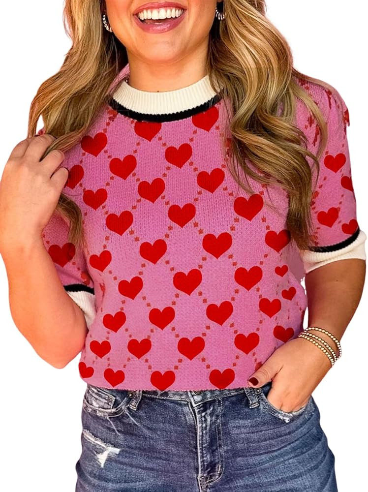 Ecosunny Women'sValentine Sweater Casual Round Neck Short Sleeve Shirts Bow Print Loose Tunic Blo... | Amazon (US)