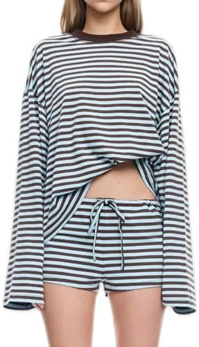 Muineobuka Women Y2K Stripe 2 Piece Set Outfits Long Sleeve Crew Neck Drop Shoulder Top and Short... | Amazon (US)