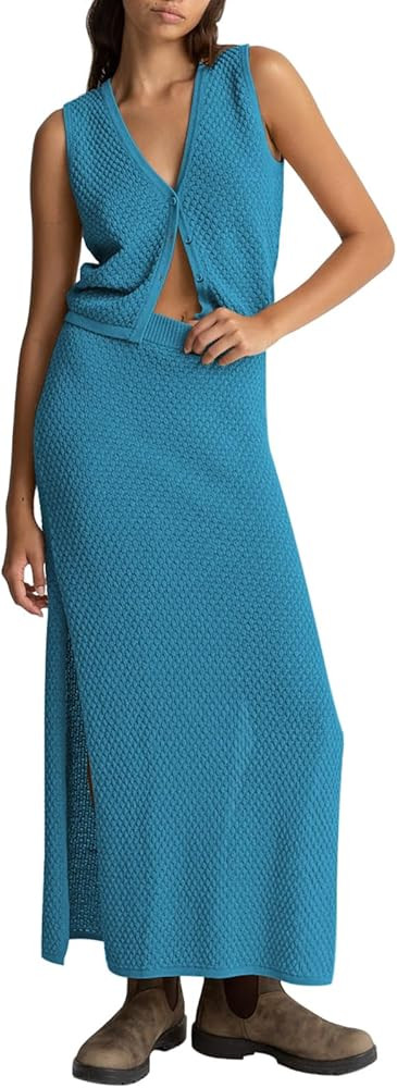 Pink Queen Women's Summer 2 Piece Outfit Set V Neck Button Crop Tank Top Vest Bodycon Maxi Long S... | Amazon (US)