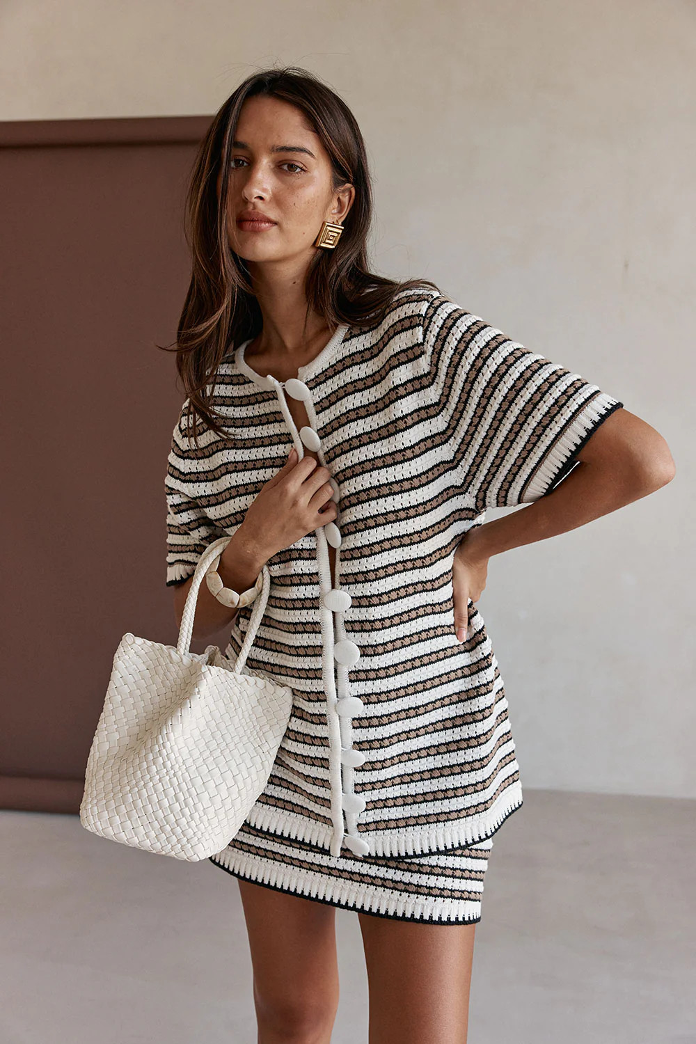 White and Brown Strope Knit Button Up Scottie Top | Sabo Skirt US