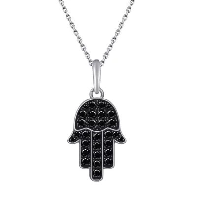 J'admire Lab Created Platinum Plated Sterling Silver Natural Black Spinel Pave Hamsa Hand Lucky Pendant Necklace | Belk