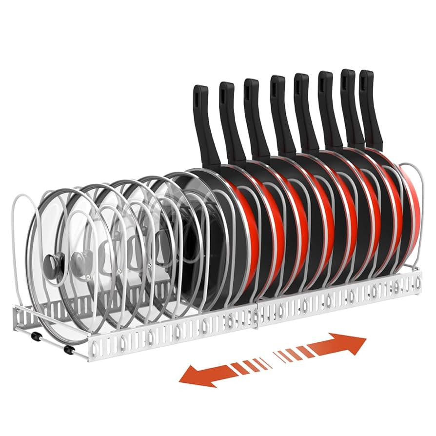 Pot and Pan Organizer Rack for Cabinet, Upgraded Expandable Pot Lid Organizer with 14 Adjustable ... | Amazon (US)