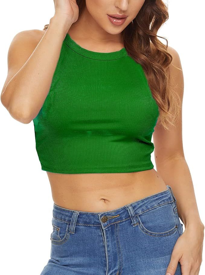 Ainuno Womens Ribbed Knit Round Neck Basic Sleeveless Cute Crop Tops for Going Out | Amazon (US)