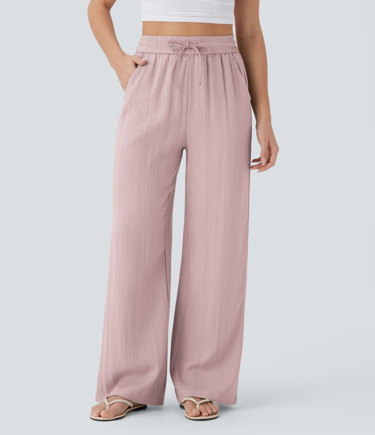 Women’s High Waisted Drawstring Pocket Wide Leg Casual Linen-Feel Pants - Halara | HALARA