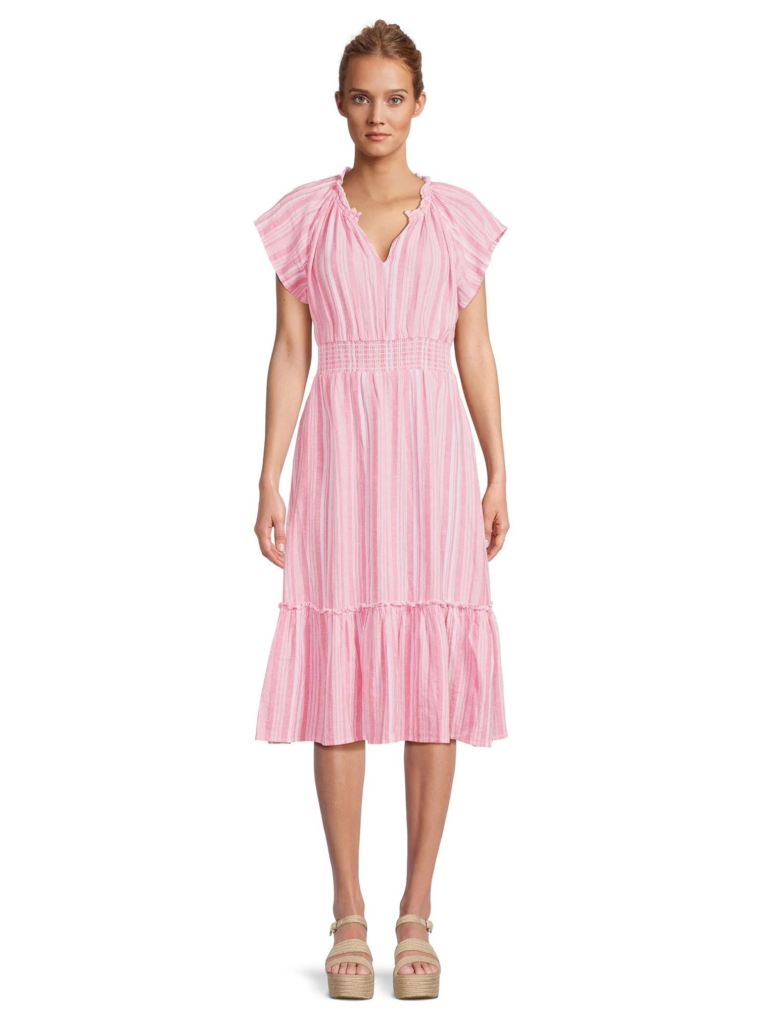 Time and Tru Women's Midi Linen Striped Dress - Walmart.com | Walmart (US)