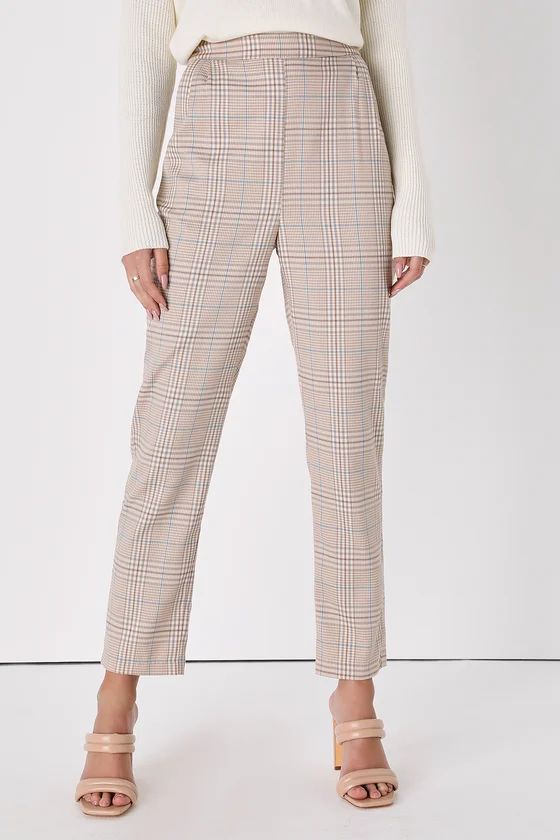 Mind My Business Beige Plaid Straight Leg Trouser Pants | Lulus (US)