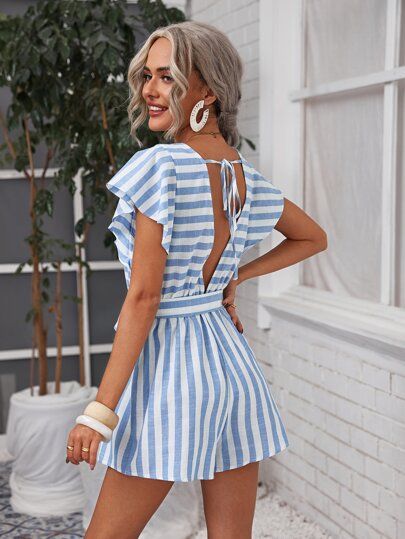 SHEIN Tie Backless Butterfly Sleeve Belted Two Tone Striped Romper | SHEIN