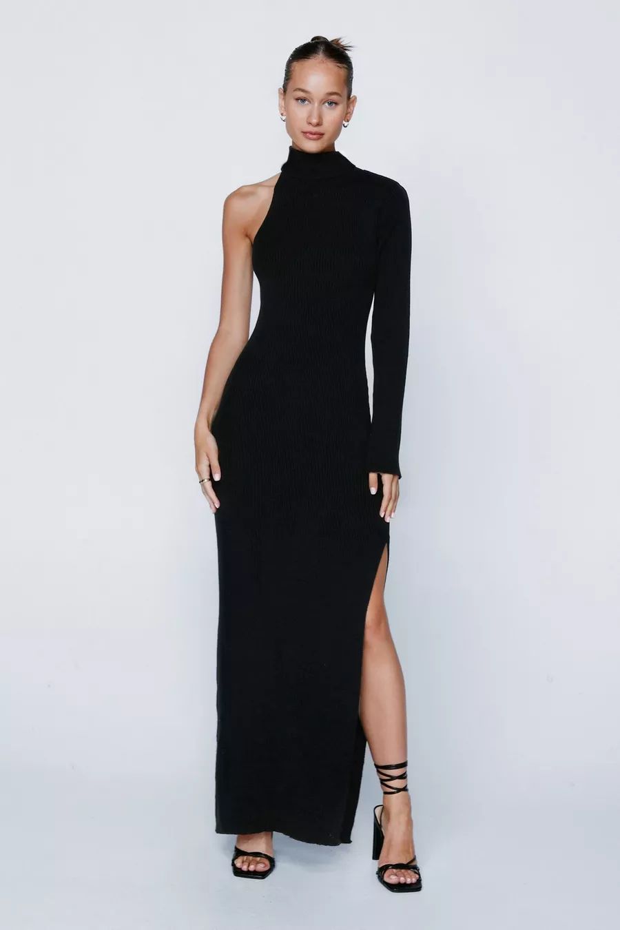 Knitted High Neck One Sleeve Maxi Dress | Nasty Gal (US)