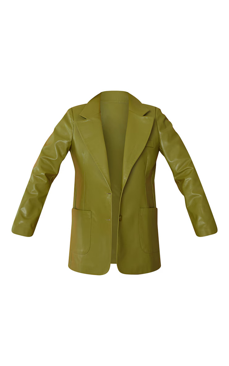 Olive Faux Leather Oversized Pocket Blazer | PrettyLittleThing US