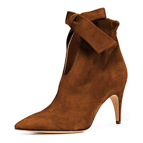 XYD Classical Pointed Toe Ankle Booties Dress Low Kitten Heels Graceful Boots for Women Cute Bow Shoes (Brown, Size 12) | Amazon (US)