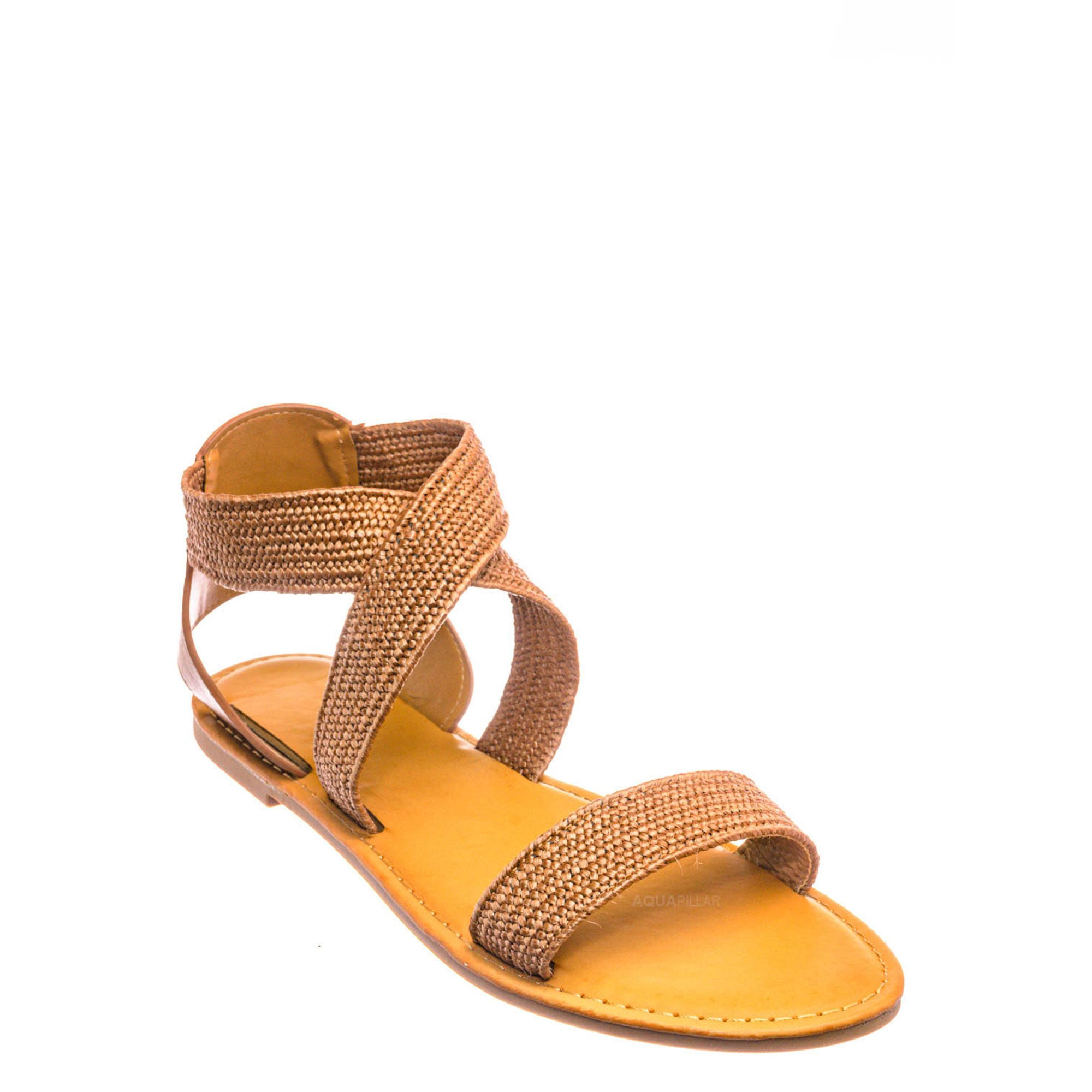 Waterfront22 Elastic Raffia Strappy Sandal -Woven Stretchy Criss Cross Flat Shoe (Woman) | Walmart (US)