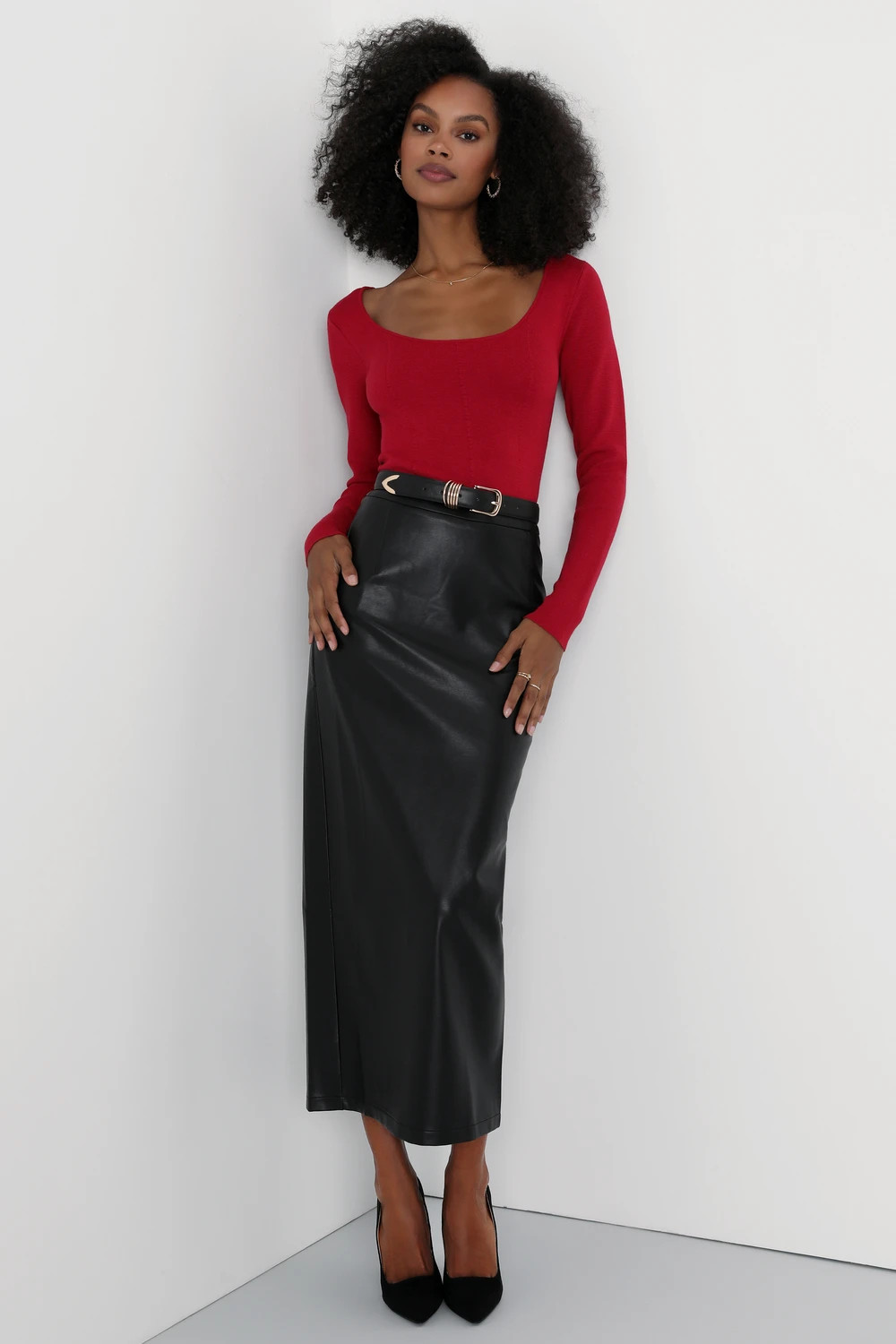 Bold Allure Black Vegan Leather High-Rise Midi Skirt | Lulus (US)