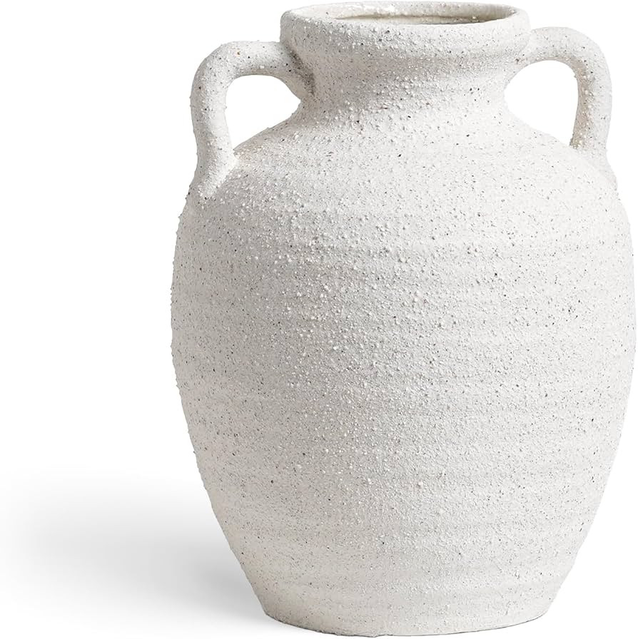 White Ceramic Vase with Handles, 9.5" Large Farmhouse Flower Vase - Rustic Centerpiece for Living... | Amazon (US)