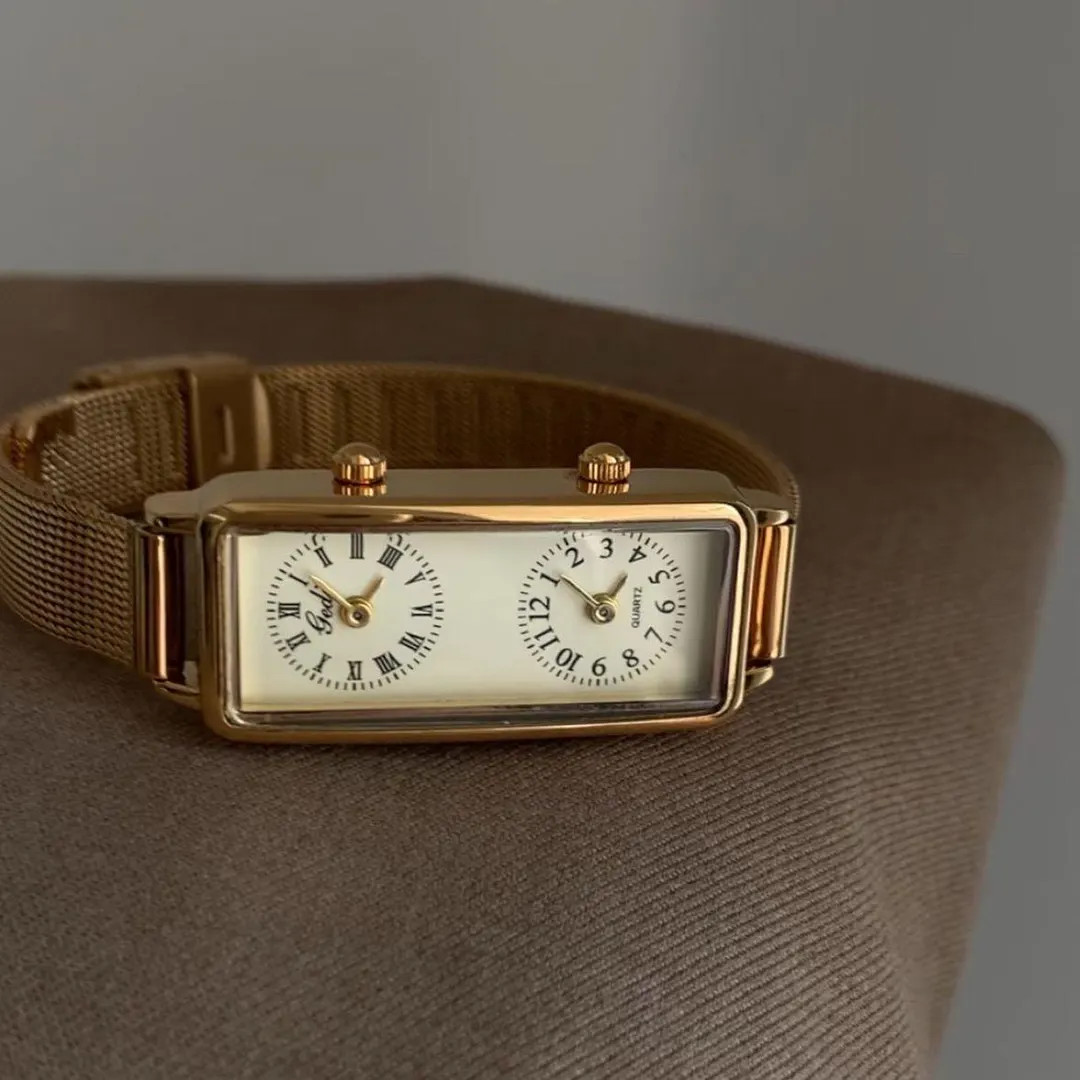 Retro Square Dial, Dual Time Zone Dual Movement Watch Antique Gold case bracelet mesh strap wrist... | Etsy (US)