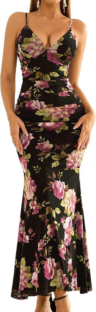 GLNEGE Women's Floral Wedding Guest Formal Maxi Dress Bodycon Spaghetti Strap V Neck Elegant Coca... | Amazon (US)