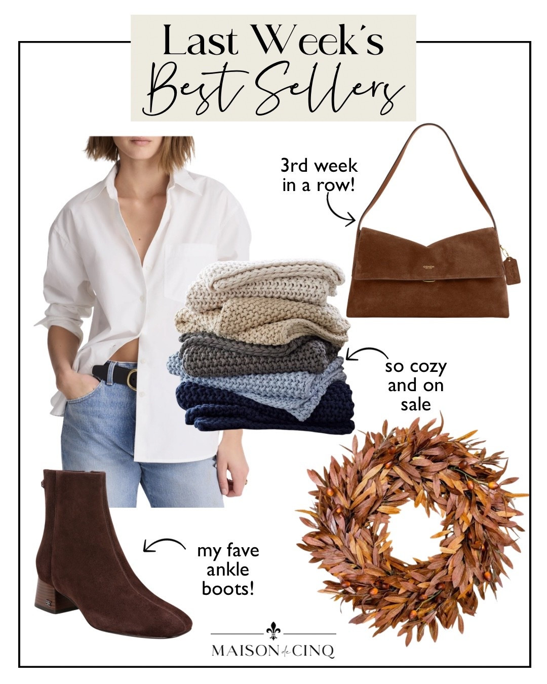 Last week’s best sellers include a gorgeous suede bag, my fave ankle boots, the perfect button up and more!

Home decor, fall fashion, fall outfit, fall handbag, fall decor, fall wreath

#LTKSeasonal #LTKHome #LTKOver40