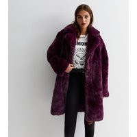 Women's Burgundy Faux Fur Long Coat Gini London New Look | New Look (UK)