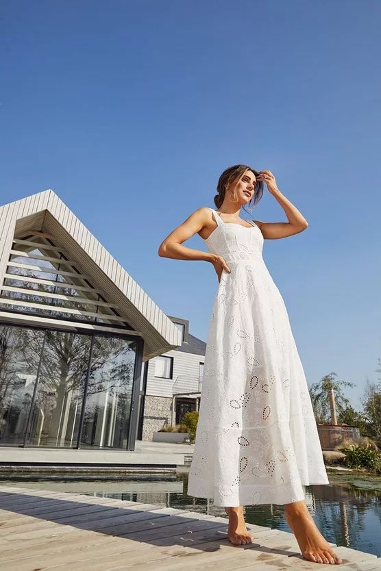 Lydia Millen White Eyelet Midi Prom Dress | Karen Millen US