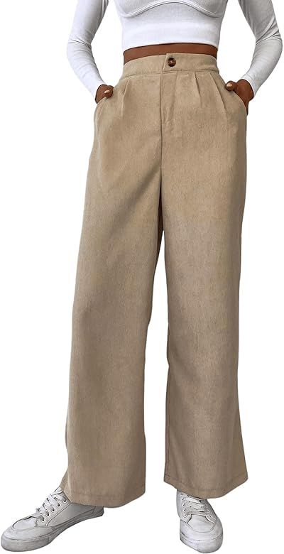 SweatyRocks Women's Zipper Fly High Waist Corduroy Pants Solid Wide Leg Trousers with Pockets | Amazon (US)