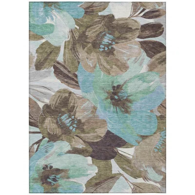 10' X 14' Khaki And Taupe Floral Washable Indoor Outdoor Area Rug | Wayfair North America