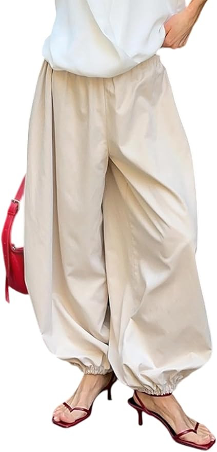 LETSVDO Women's Palazzo Balloon Pants Drawstring Waist Wide Leg Pleated Barrel Harem Pants Baggy ... | Amazon (US)