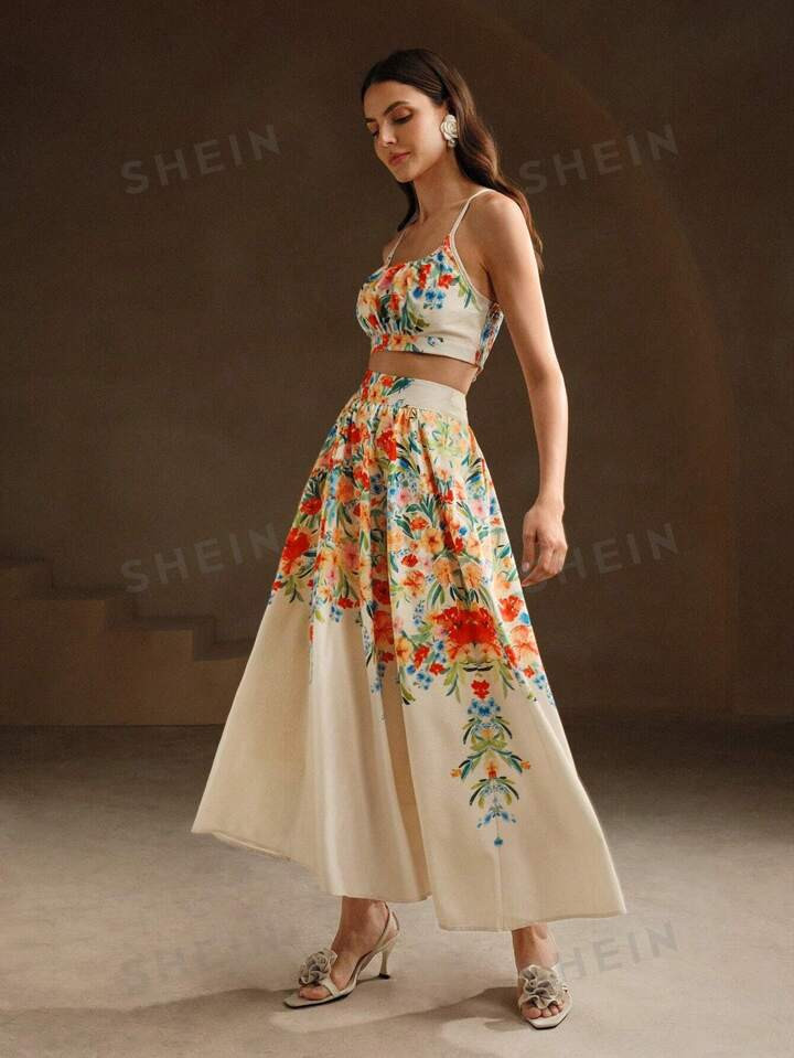 Anewsta Holiday Style Pintucked Printed Women's Cami Top & High Waisted Skirt Set | SHEIN USA | SHEIN